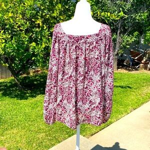 LC LAUREN CONRAD PURPLE CREAM FLORAL PEASANT BLOUSE TOP LONG SLEE…